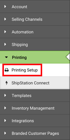 Settings left-hand sidebar. Under Printing dropdown, red box highlights Printing Setup option.