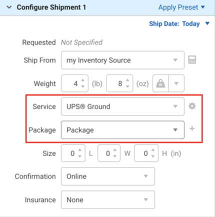 Red box highlights Service and Package dropdowns in the Configure Shipment widget