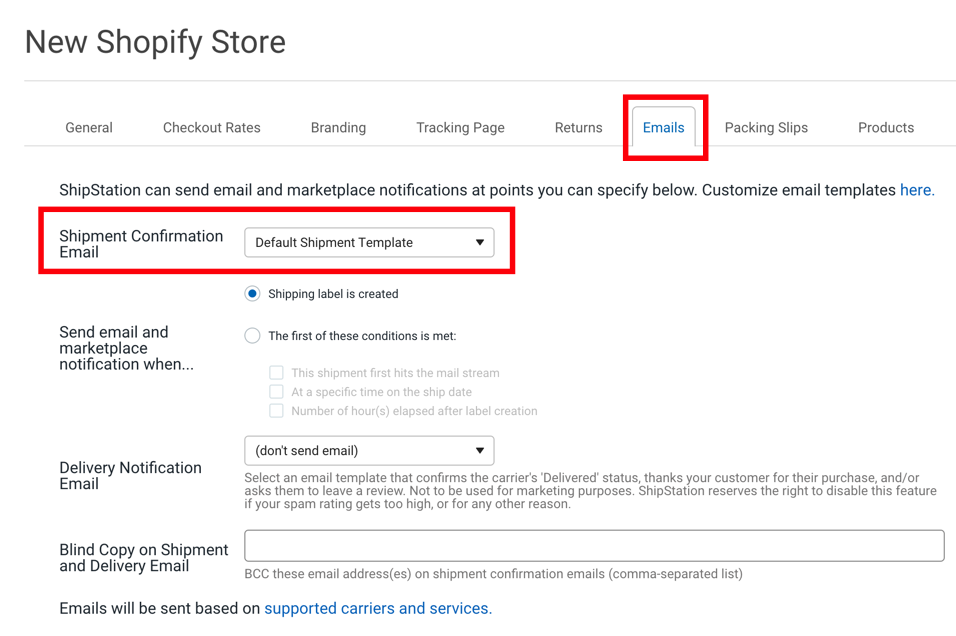 Store Setup: Red boxes highlight Notifications tab & Shipment Confirmation Email: Default Shipping Template selected.