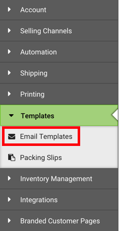 Settings sidebar. Templates dropdown: red box highlights Email Templates button.