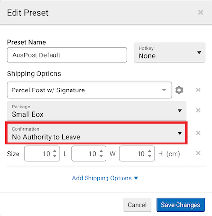 The manage preset popup that shows the Confirmation dropdown is marked under Shipping Options.