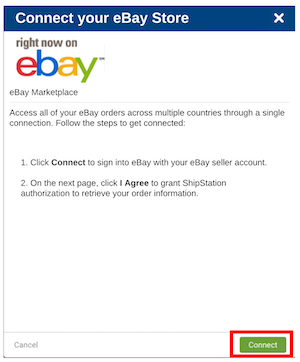 Bild: Popup zum Verbinden eines eBay-Shops. Ein Feld hebt die Schaltfläche „Verbinden“ hervor