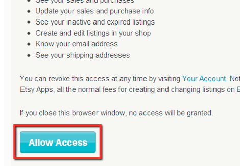 Image: Etsy's Confirm Access popup. Allow Access button highlighted.