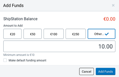 Add Funds popup. ShipStation Balance shown as 0 Euros.