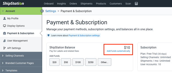 Payment & Subscription settings with Add funds automatically option highlighted in the ShipStation Balance card