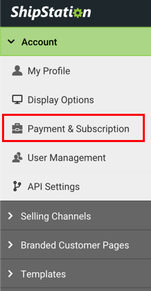 Seitenleiste Kontoeinstellungen mit der Option Zahlung & Abonnement