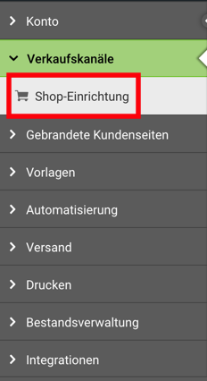 Auswahlmöglichkeiten auf der Seite „Einstellungen“ mit Umrissmarkierung für die Option „Shop-Setup für Verkaufskanäle“.