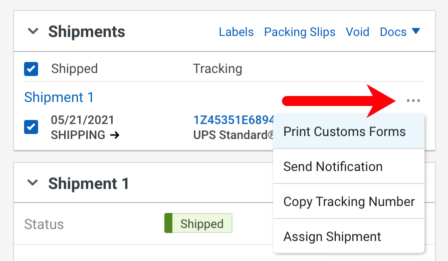 V3 Order Details, red arrow points at Shipment action menu with Print Customs Form option selected