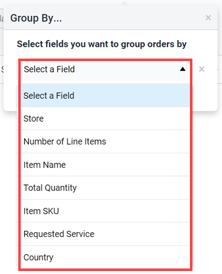 The group by drop-down expanded, showing the available options.