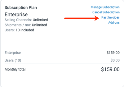 Subscription page with arrow showing the Past Invoices option in the Subscription Plan card.