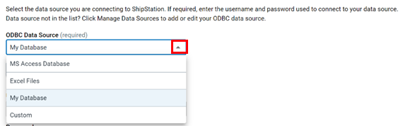 Die Dropdown-Liste „ODBC-Datenquelle auswählen“ ist ausgeklappt und in der Liste ist eine Datenquelle ausgewählt.