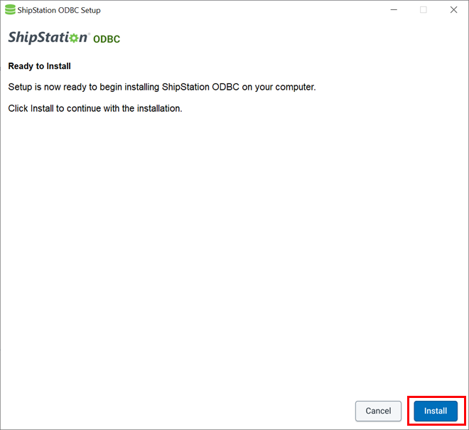 Der ODBC-Installationsassistent wird geöffnet, die Schaltfläche „Installieren“ ist hervorgehoben.