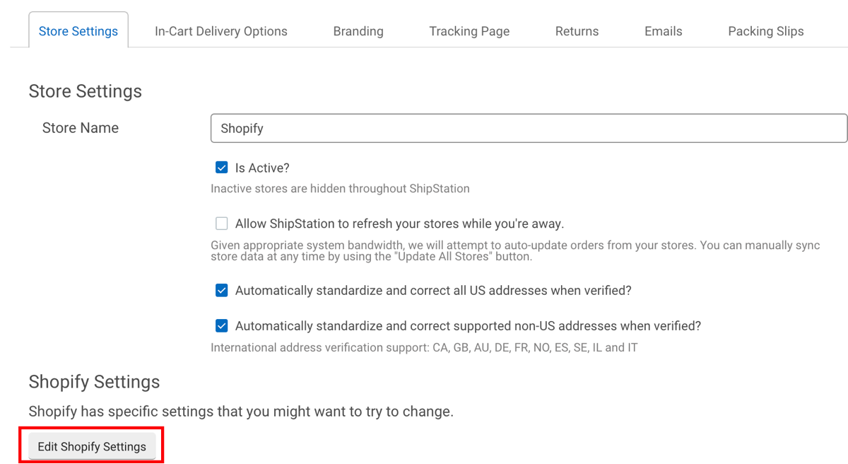 Store Setting for Shopify in ShipStation, Edit Shopify Settings button highlighted
