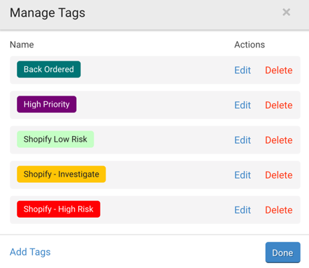 Manage Tags pop-up shows these Fraud tags: Shopify Low risk, Shopify Investigate, Shopify High-Risk