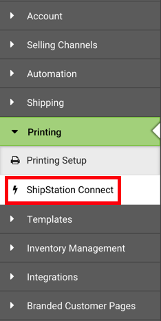 Einstellungen in der linken Seitenleiste. Unter dem Drop-down-Menü Drucken markiert der rote Kasten die Option ShipStation Connect.
