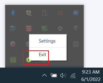 Das Einstellungsmenü für ShipStation Connect, geöffnet über die Windows-Taskleiste. Die Option zum Beenden ist durch ein rotes Kästchen hervorgehoben.