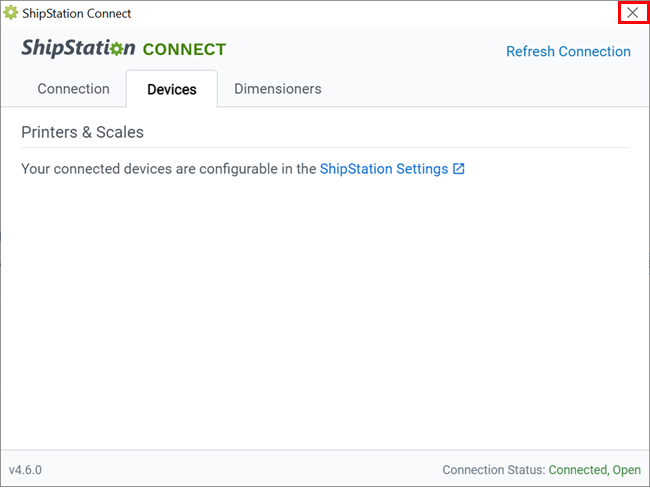 ShipStation Connect ist geöffnet, wobei das X zum Schließen der Anwendung hervorgehoben ist.