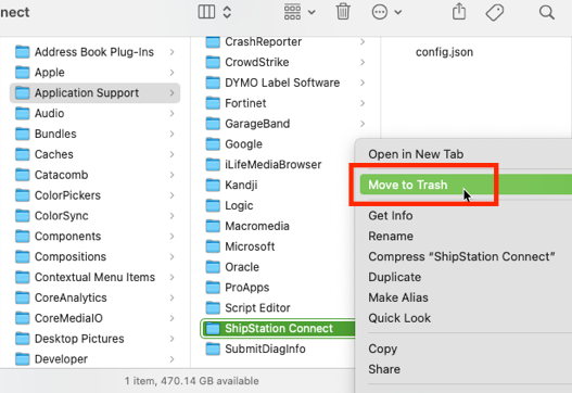 Im Mac Finder ist das Ordnermenü von ShipStation Connect geöffnet und die Option „In den Papierkorb verschieben“ ausgewählt.