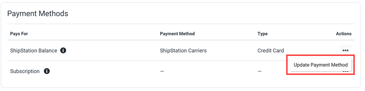Die Option „Zahlungsmethode aktualisieren“ wird für das ShipStation-Guthaben angezeigt.