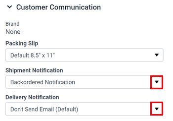 The selection drop-down menus are displayed for the shipment notification and delivery notification options.