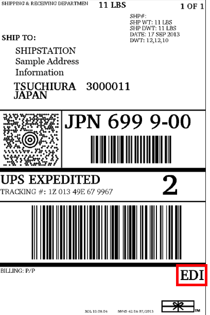Muster eines UPS-Etiketts mit der Bezeichnung „EDI“, hervorgehoben durch einen roten Kasten unten rechts.
