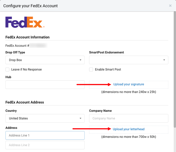 FedEx-Einstellungspop-up mit hervorgehobenen Optionen „Signatur hochladen“ und „Briefkopf hochladen“