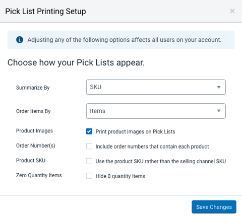 Pick List Printing Setup popup. Options include: Summarize By, Order Items by, Product Images, Order Number, Product SKU