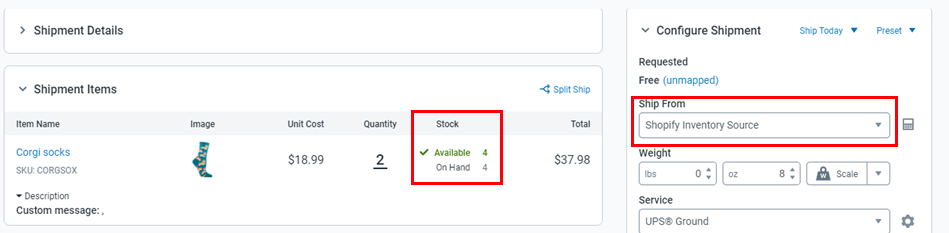 Order Details for Shopify Order with Ship From and Inventory column highlighted.
