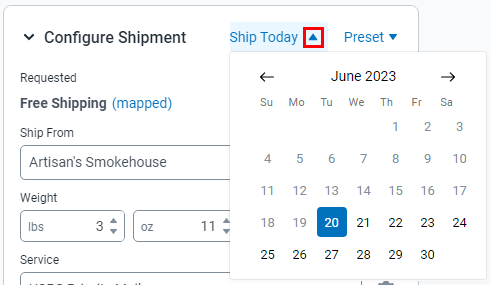 Detailansicht des „Versanddatum“-Kalenders. Das Dropdown-Menü für das Versanddatum und den Kalender sind hervorgehoben.
