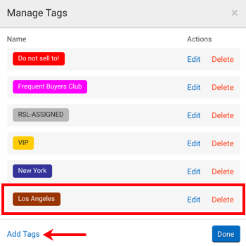 Manage Tags pop-up. Red box highlights Tag labeled Los Angeles. Red arrow points to button: +Add Tag.