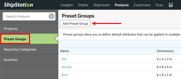 V3 Produkt-Seitenleiste mit Gruppenvorgaben ausgewählt; der Pfeil zeigt auf die Schaltfläche Preset-Gruppe hinzufügen.