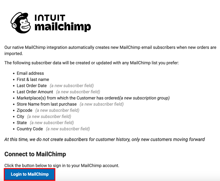 MailChimp-Verbindungsseite mit hervorgehobener Schaltfläche „Bei MailChimp anmelden“.