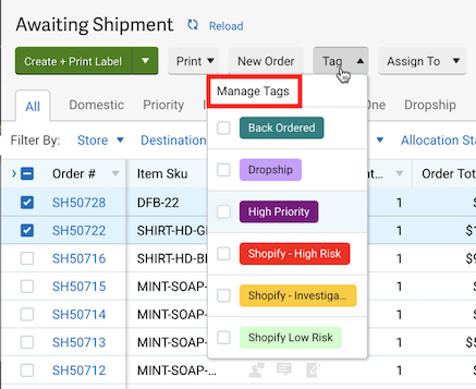 Orders tab, Tag menu selected. Manage Tags option highlighted in red box.
