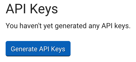 Kontoeinstellungen: API-Schlüssel: „Sie haben keine API-Schlüssel generiert“. Schaltfläche „Neue API-Schlüssel generieren“.