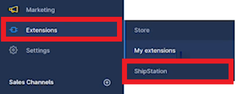 Platzhalter – die Shopware-Benutzeroberfläche zeigt Erweiterungen, Shipstation ist in der Seitenleiste hervorgehoben.