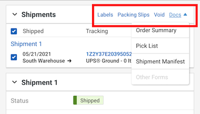Shipment drop-down with the document print menu marked.