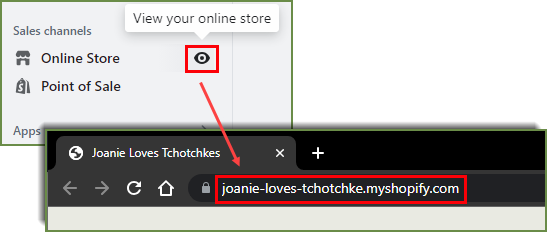 Der Admin-Bereich von Shopify zeigt den Link zur Ansicht Ihres Onlineshops, der durch ein Augensymbol dargestellt wird.