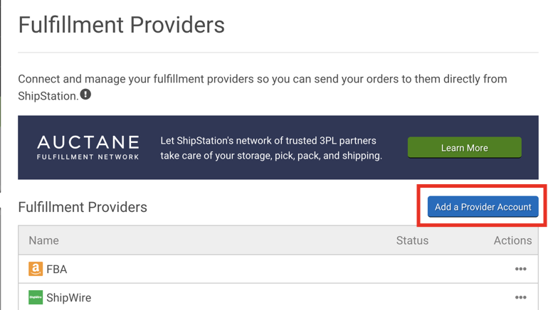 Fulfillment Provider Settings page with the Add a Provider Account button selected