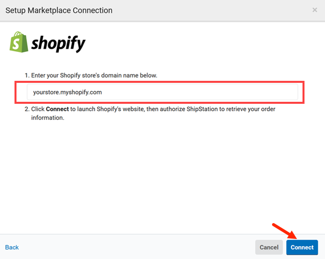 Das Fenster für die Shopify-Einstellungen ist geöffnet, wobei das Domain-Feld hervorgehoben ist und ein Pfeil auf die Schaltfläche Verbinden zeigt.