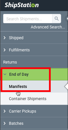 Shipments tab side navigation with the End of Day section open and Manifests highlighted
