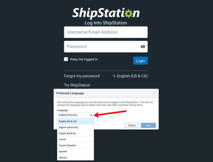 Die Drop-down-Liste zeigt die für ShipStation verfügbaren Sprachen an.