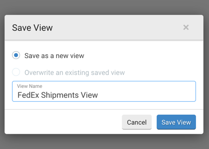 Save View popup. 2 Radio buttons: Save as a new view & Overwrite existing view. Field for filtered view name and Save View action button.