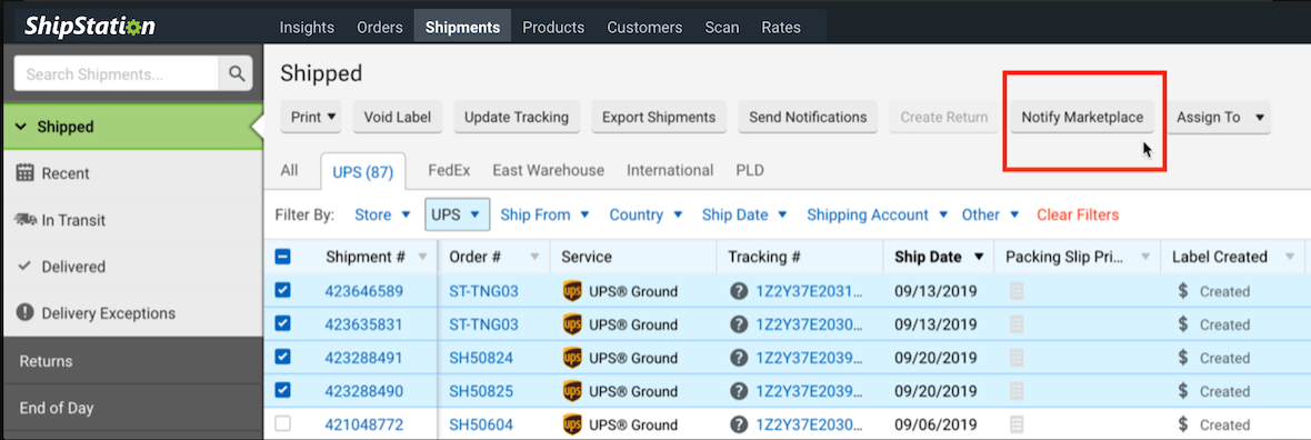 The Shipment grid shows the notify marketplace button marked.