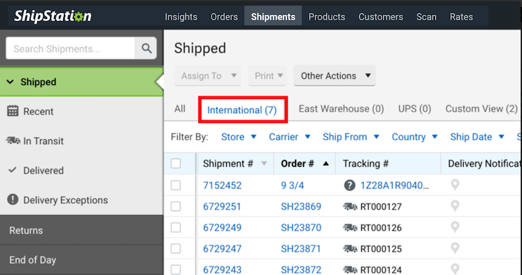 V3 Shipping tab, Shipped status International Custom View outlined.