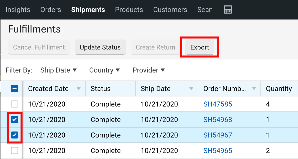 Red box highlights Export button, shows two two fulfillment records selected