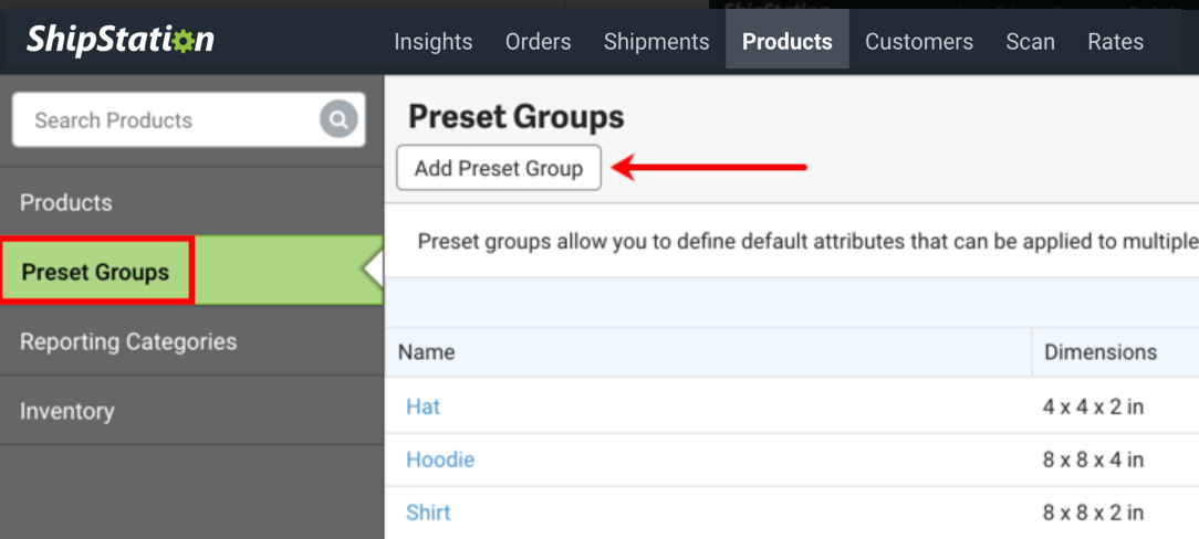 V3 Produkt-Seitenleiste mit Gruppenvorgaben ausgewählt; der Pfeil zeigt auf die Schaltfläche Preset-Gruppe hinzufügen.