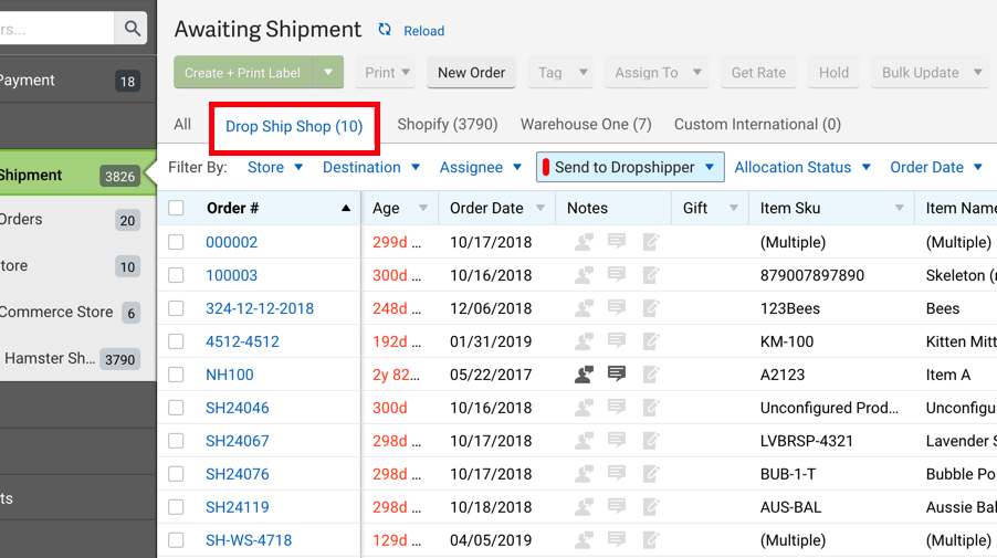 Orders tab. Red box highlights a saved view labeled: Dropship Shop, with 10 orders.