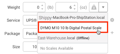 Configure shipment widget Weigh drop-down menu options, with DYMO scale highlighted