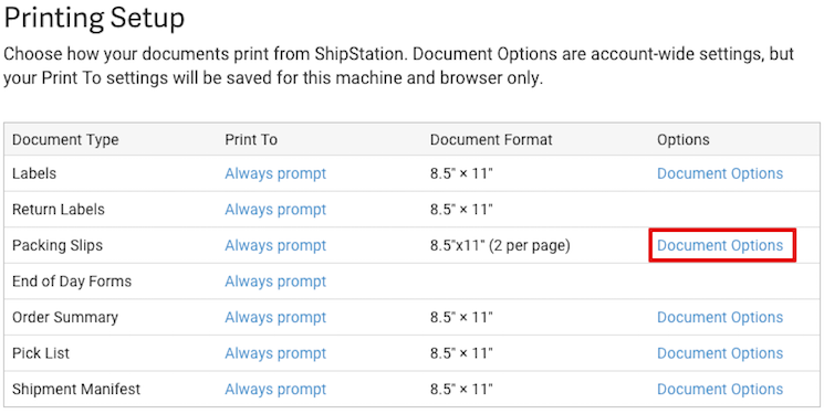 Printing Setup, Packing Slip, Options. Red box highlights Document Options action.