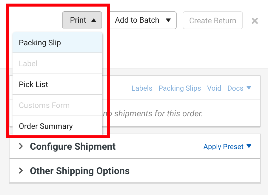 Red box surrounds Order Details Print button, drop-down options visible: Packing Slip, Label, Pick List, Customs Forms, Order Summary